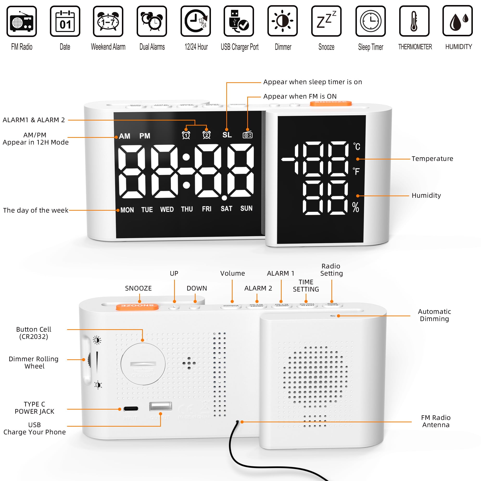 Radio Despertador para Dormitorio FM Radio LED Espejo Reloj Snooze Puerto USB Cargador Volumen Brillo Ajustable Blanco