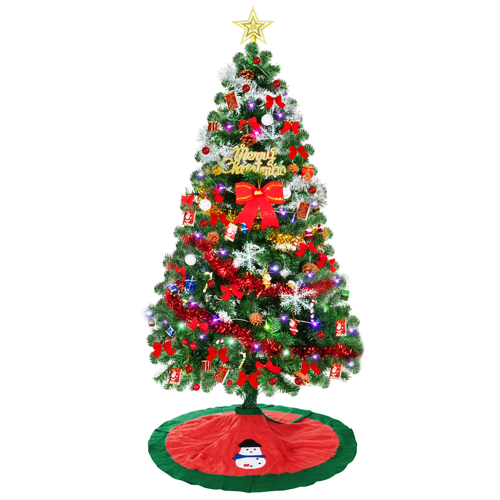 Christmas Tree1.5m /5 feet Xmas Traditional Indoor Artificial Decoration Tree Spruce Potted Christmas Tree with Warm LED Lights, Multi-Colour,(Including LED strips and decorations) (Red,green)