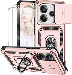 Capa para Redmi Note 14 4G (Não aplicável a 5G) Capinha | com 2 peças de protetor de tela temperado com janela deslizante da câmera e suporte para telefone incluídos - Rosa