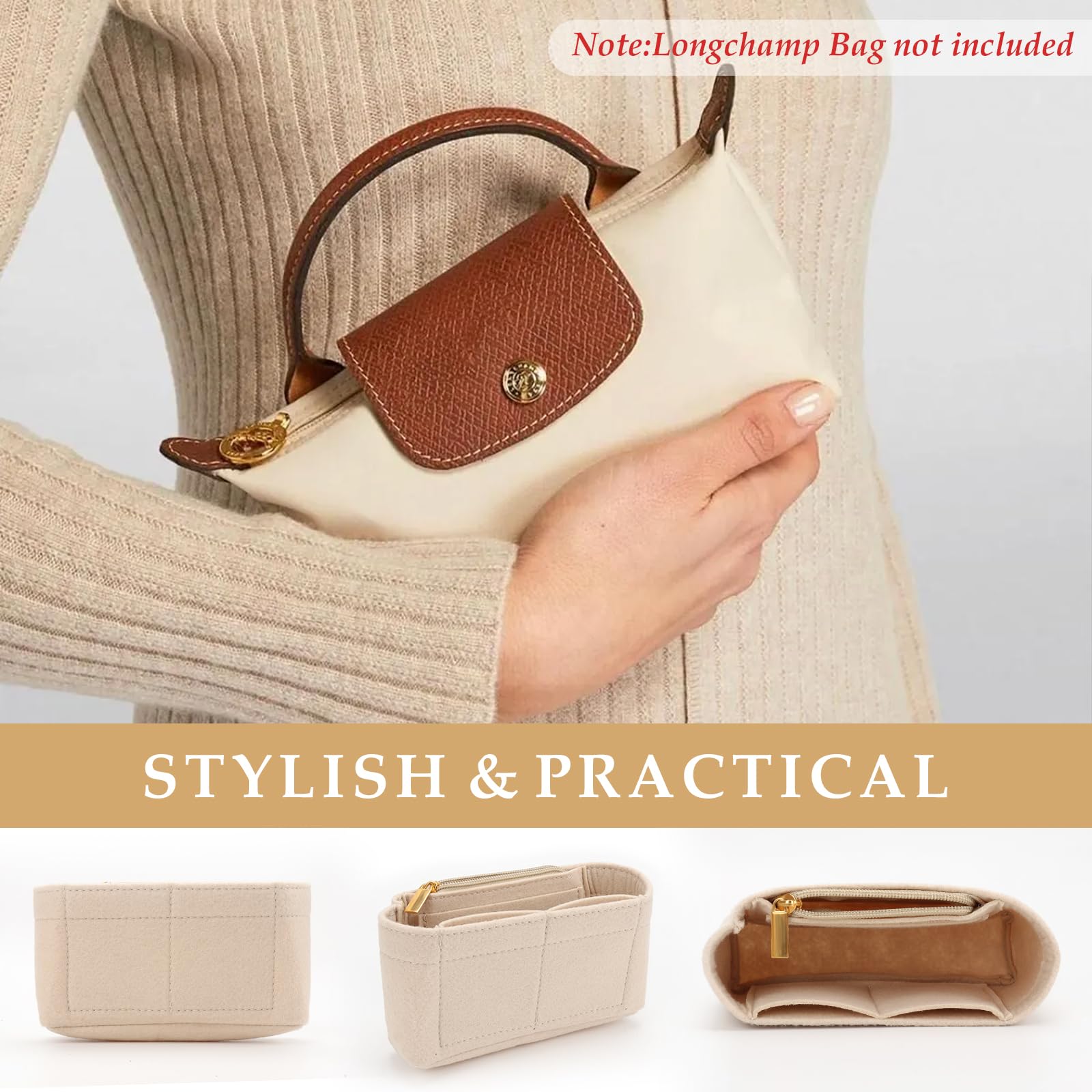Organizer do torebki Longchamp Le Pliage Mini, z filcu, z wielofunkcyjnymi kieszeniami, duża pojemność