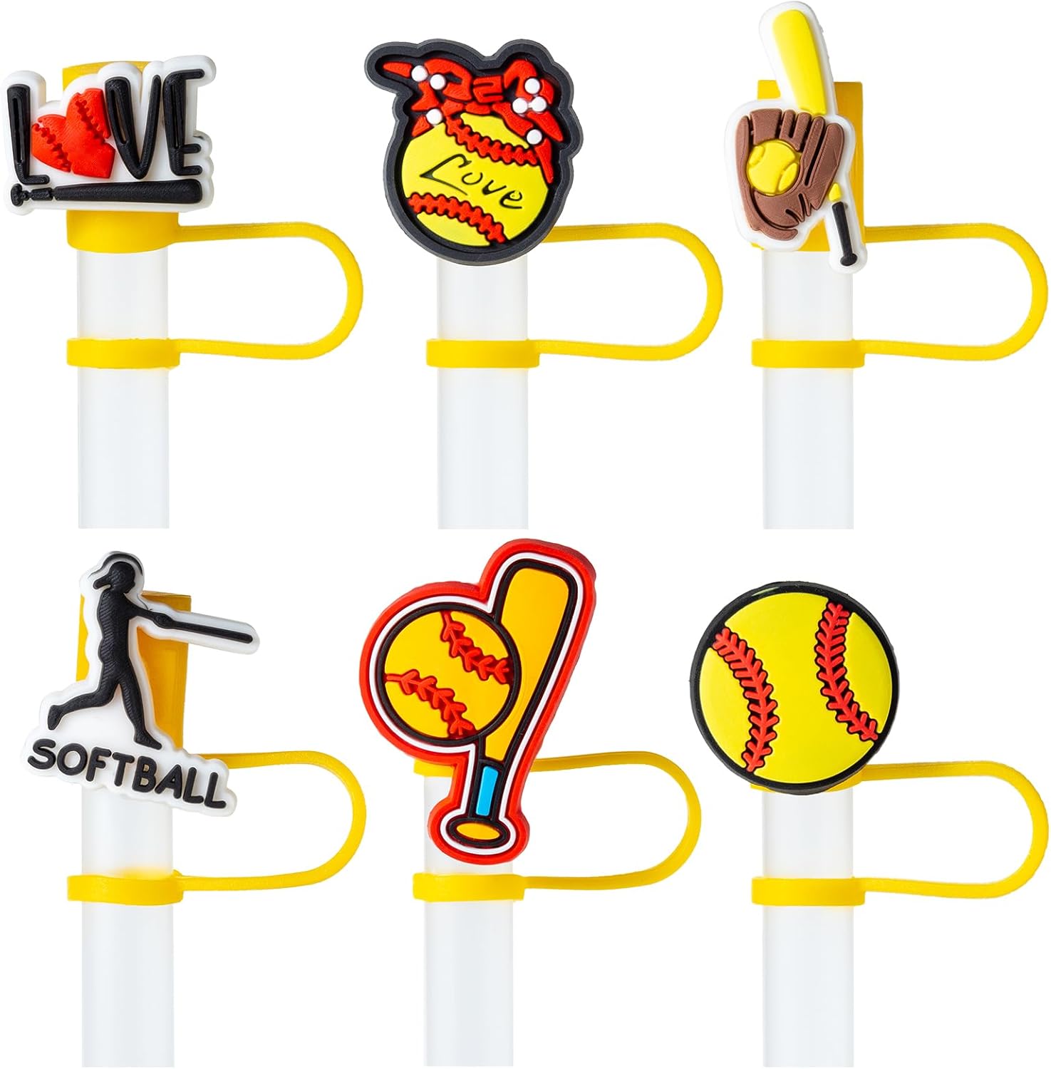 6Pcs Softball Straw Cover Cap for Stanley Cup Accessories, 10mm Cute Black Drinking Straw Topper for 40oz 30oz Stanley Tumbler, Dust-Proof Reusable Straw Tips Valentines Decor Gifts for Women