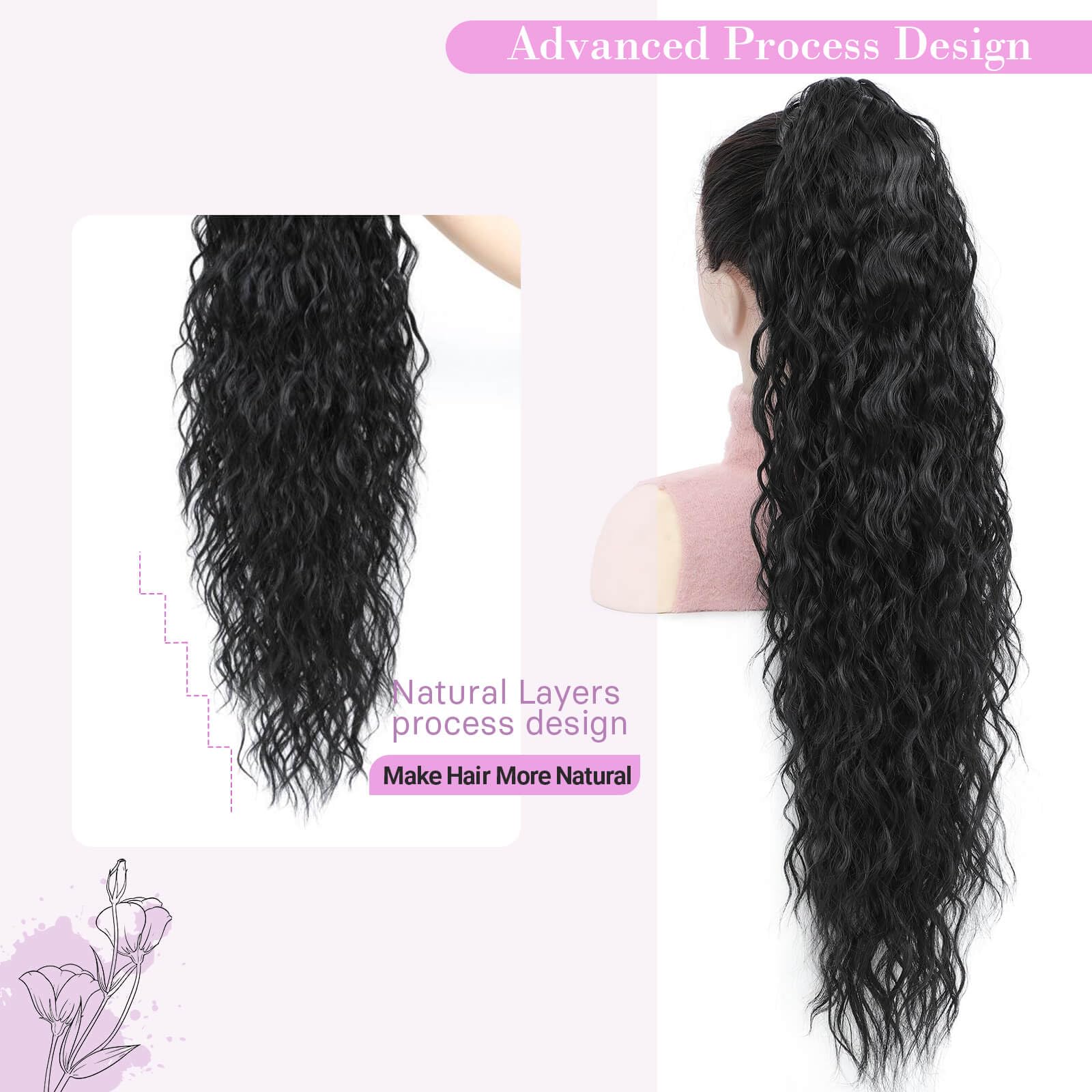 Flyroseing Black Ponytail Extension, 30inch Long Curly Wavy Hair Extensions Ponytail - Image 2