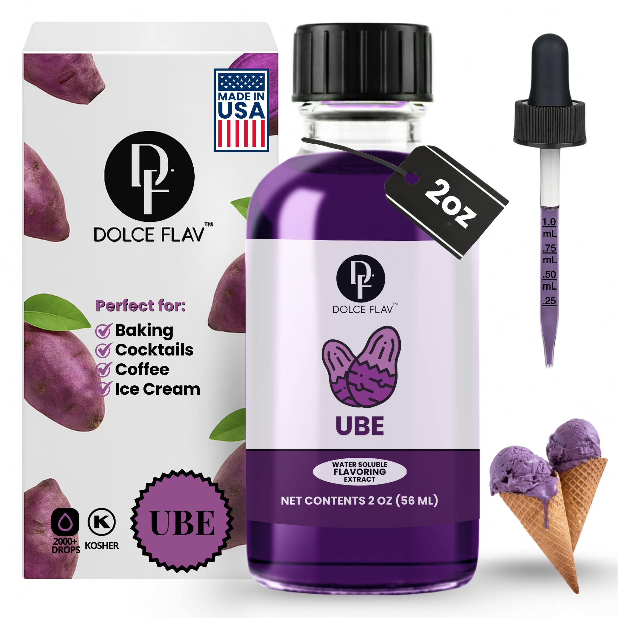 Dolce Flav Purple Ube Extract – 2 Ounce Water-Soluble Kosher, Sugar-Free, Concentrated Sweet Ube Flavoring for Baking, Ice Cream & Pastries, Includes Measured Dropper