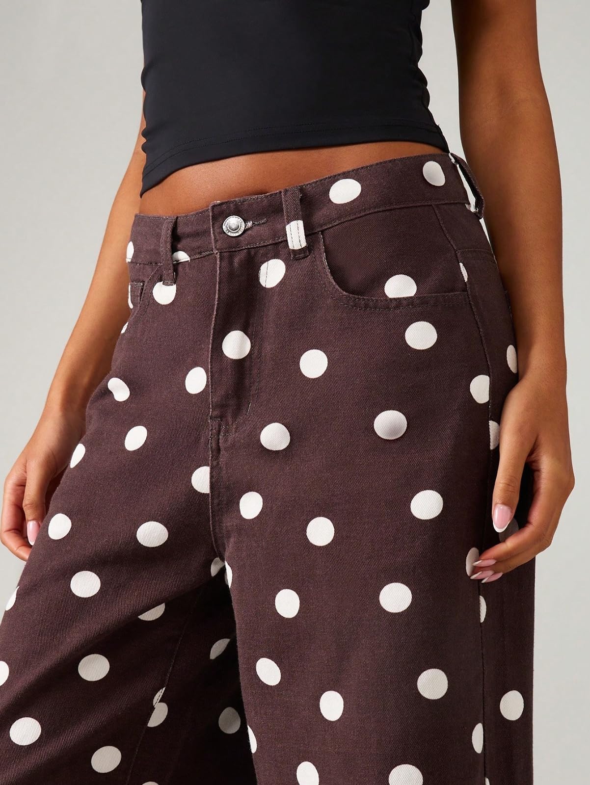 Jeans da Donna a Vita Alta in Denim con Stampa a Pois, Gamba Larga e Taglio Boyfriend Dritto e Ampio (Stile Y2K)