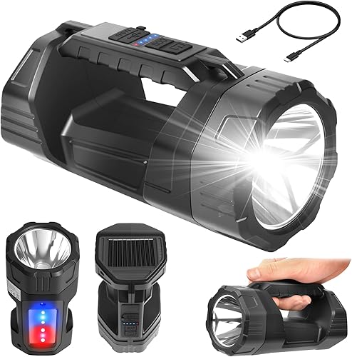 Miniatura 1 de Linterna LED solar recargable  Proyector de mano de alto lúmenes con batería incorporada, 6 modos, luz lateral, iluminación exterior para camping y