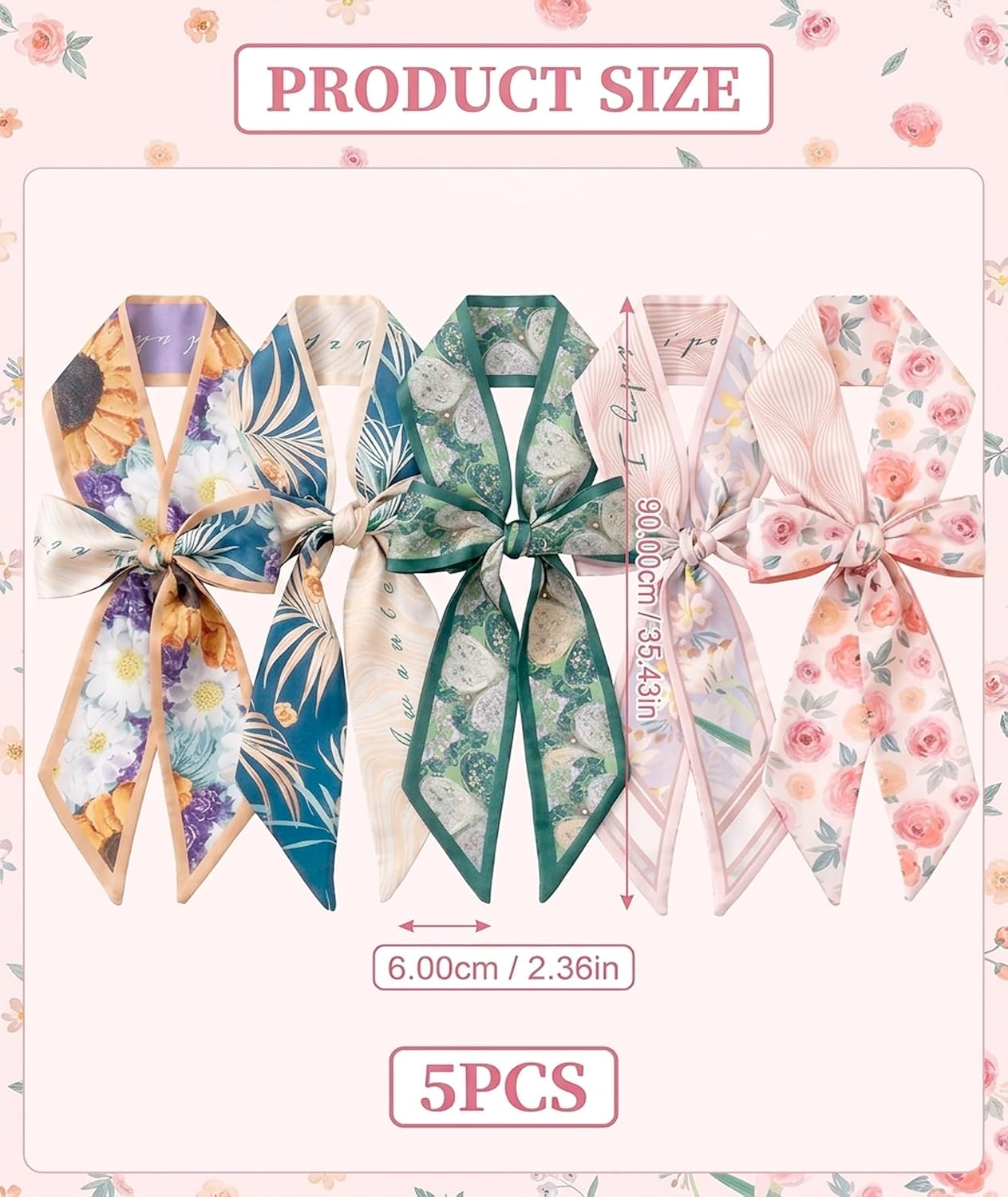 5Pack Hair Scarf For Women, Retro Floral Small Ribbon Silk Scarf,Hair Band Scarf Tie Neck Scarfs Fashion Gift,Purse Headband Handbag Belt Scarfs, Women Fashion Accessories