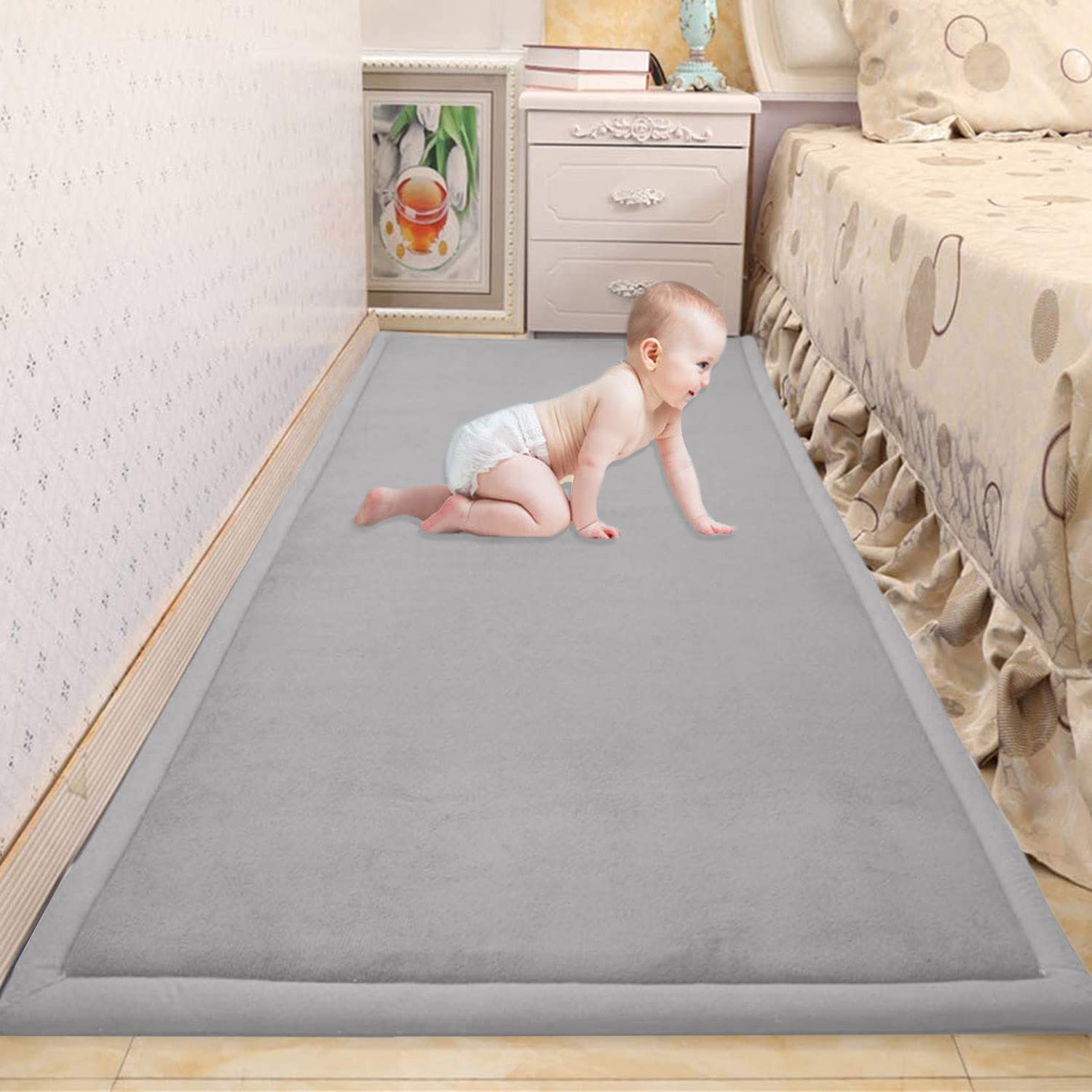 Grand tapis d'éveil pour bébé en velours corail doux, antidérapant, pour salon, chambre à coucher (90 x 200 x 2 cm, gris)