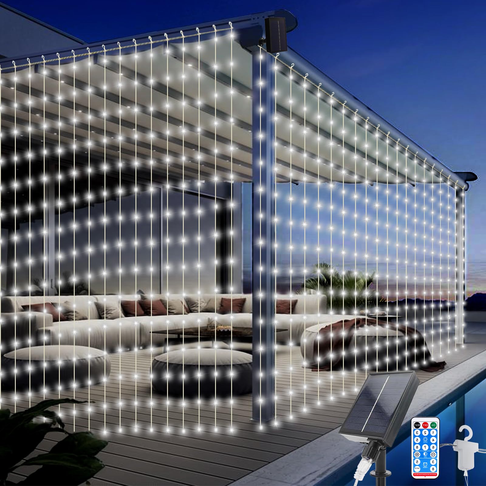 Solar Cortina de Luces Exterior, 3M*3M 300 LEDs Cortina Luminosa, 8 Modos, Impermeable Cobre Guirnaldas de Luces, Luces de Cortina para Fiestas, Navidad, Balcón, Bodas Decoración