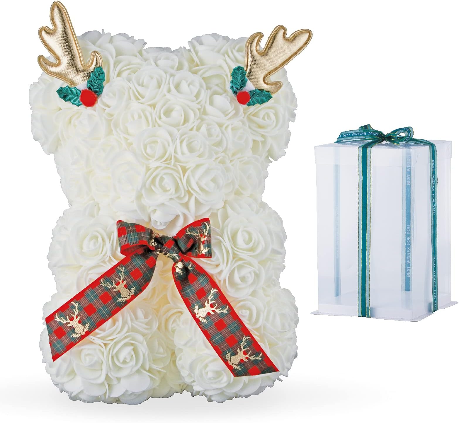 Delbery Rose Teddy Bear ,Rose Flower Bear 10 inch for Mother's Day,Anniversary's, Birthdays, Bridal Showers, Wedding Party Decoration Gift Box, Gifts for laddys- Clear Gift Box Included.White