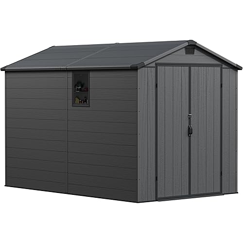 Greesum 6×10FT Plastic Outdoor Storage Shed with Floor, Resin Storaged Sheds with Lockable Double Door, Windows & Vents, All-Weather Tool Sheds for Garden, Backyard, Patio, Dark Gray