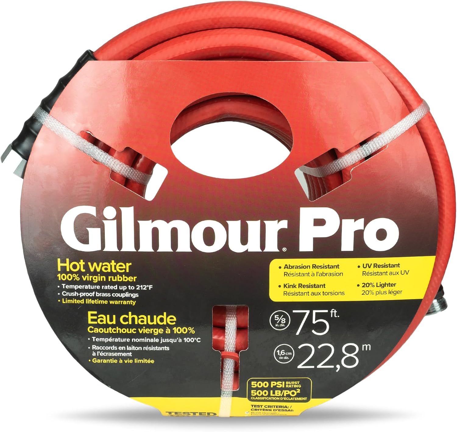 Gilmour Pro Rubber Hot Water Garden Hose – 5/8" x 25', Kink-Resistant, 400 PSI, Brass Fittings, Flexible in Cold, USA Made