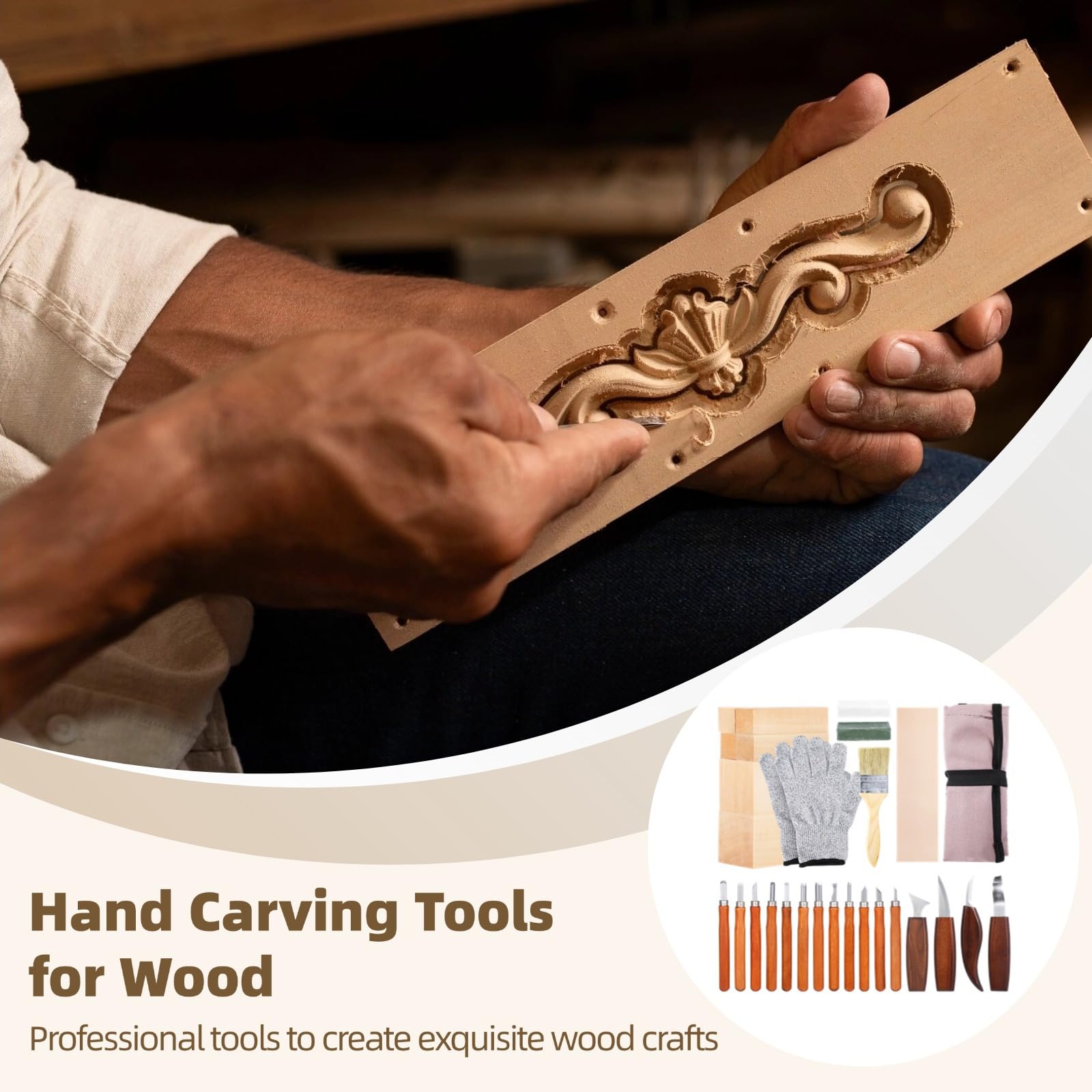 Kit de tallado de madera de 30 piezas, herramientas profesionales de corte, juego de manualidades de madera para principiantes y expertos con accesorios que incluyen cera de pulido y guantes