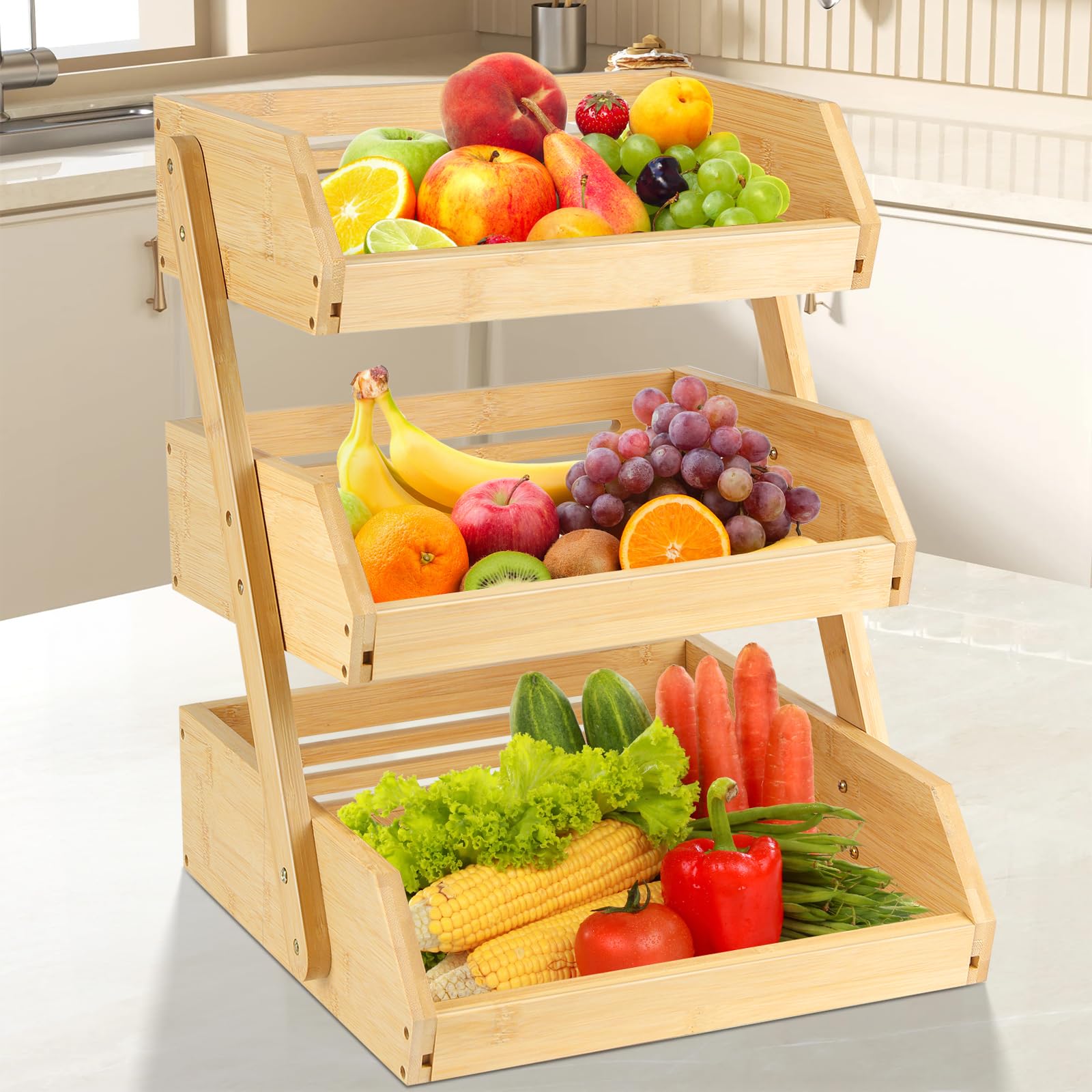 HUOLE Soporte para cesta de fruta de madera de pan en la cocina, soporte para cesta de frutas de bambú, 3 niveles, para encimera de cocina de frutas, 30 x 33 x 41 cm
