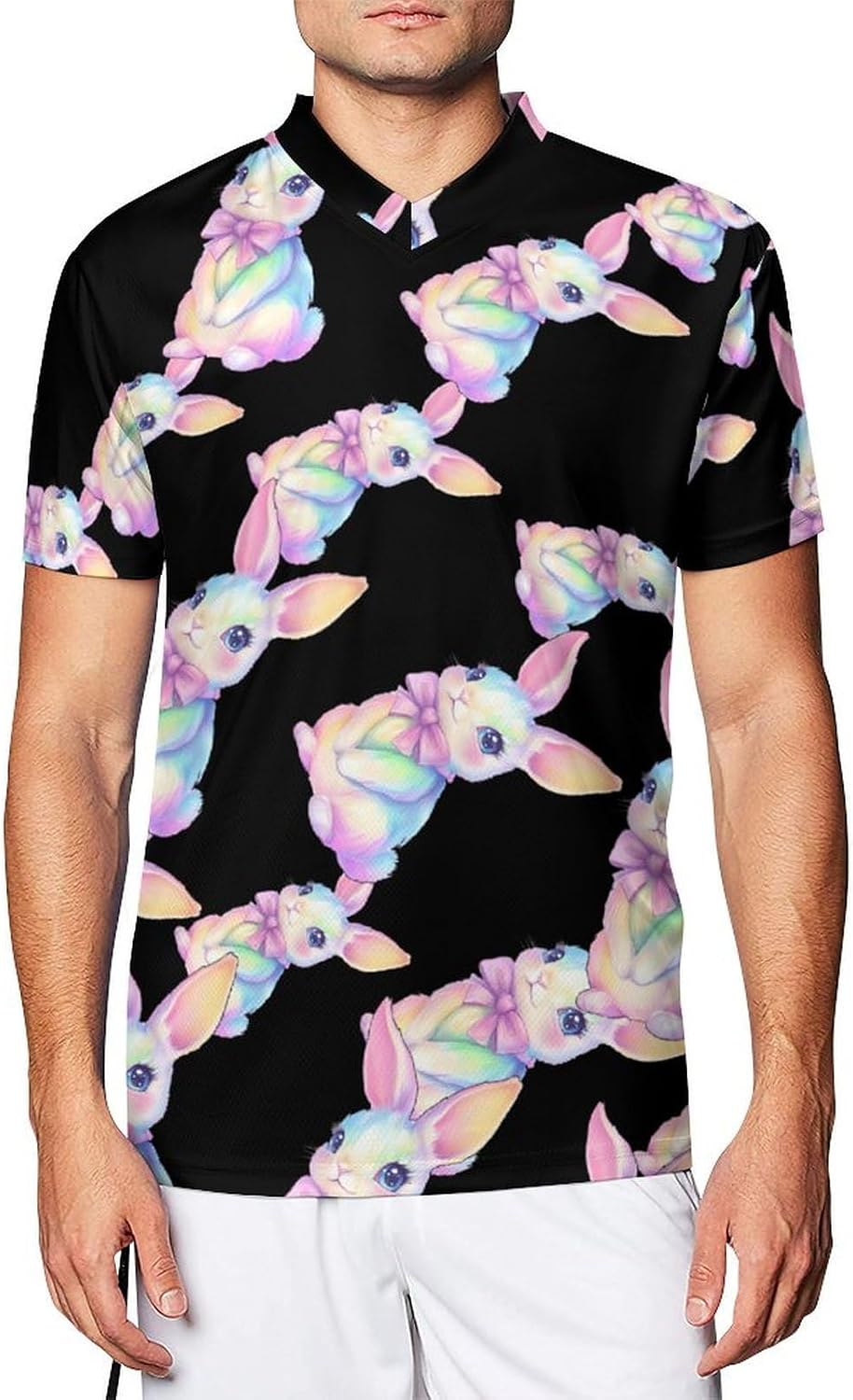 Cute Pastel Rainbow Easter Bunny Men's Running Shirts V Neck Short Sleeve T Shirt Football Jersey Sport Tops 6X-Large