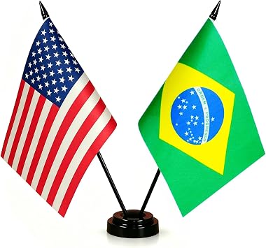1 American and 1 Brazil 8"x5" Miniature Desk & Table Flag, Includes 2 Flag, USA & Brazilian Desk Flag, Twin Pin and Base, 8 x 5 Inches American & Brazil Deluxe Desk Flag Set