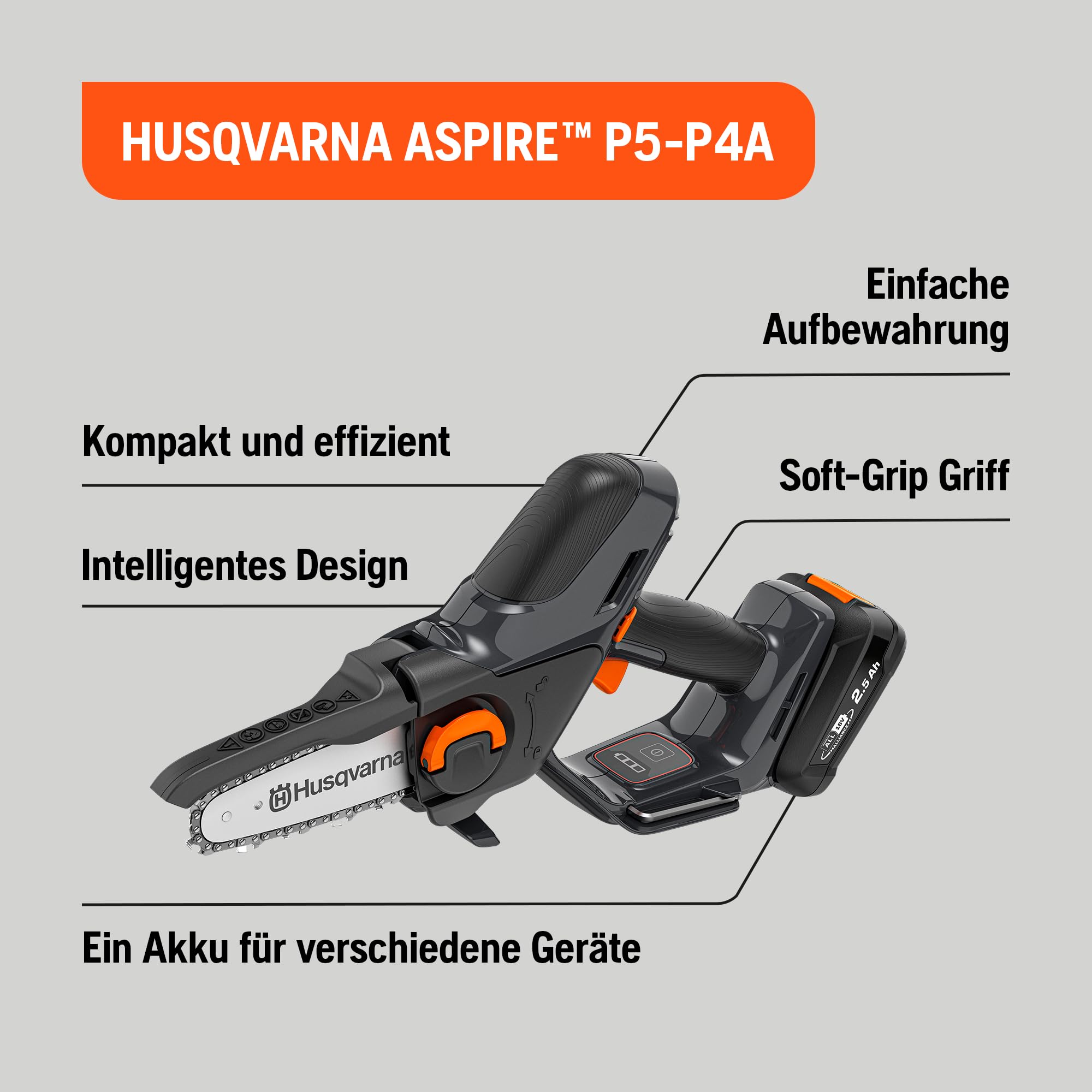 Husqvarna Mini Akku Kettensäge Aspire P5-P4A inkl. Akku und Ladegerät | Hochleistungs Astsäge für Äste bis 75 mm