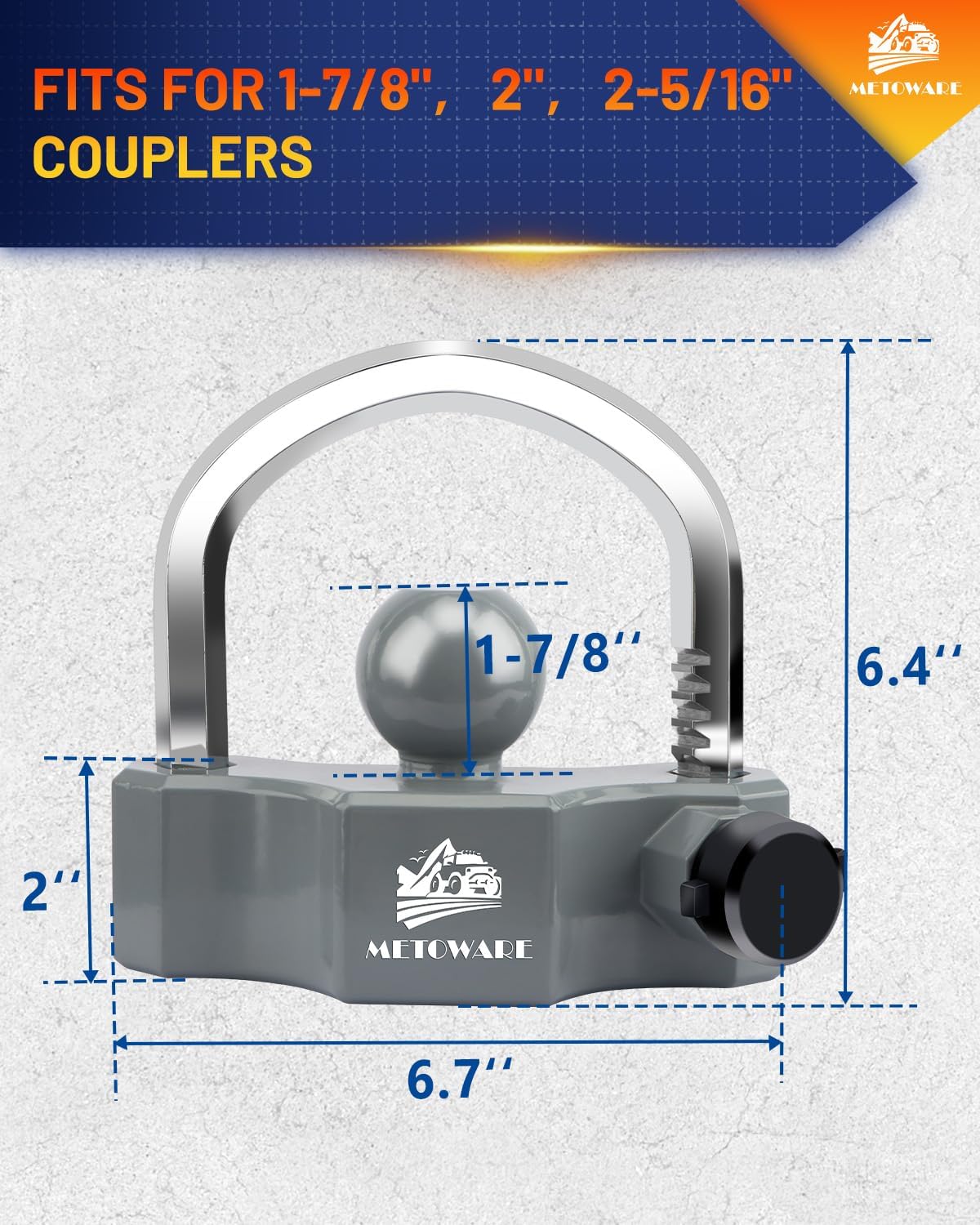 METOWARE Universal Trailer Coupler Lock, Adjustable Heavy-Duty Trailer Htich Locks Fit 1-7/8 Inch, 2 Inch, 2-5/16 Inch Couplers with 2 Keys (Gray, Chrome)