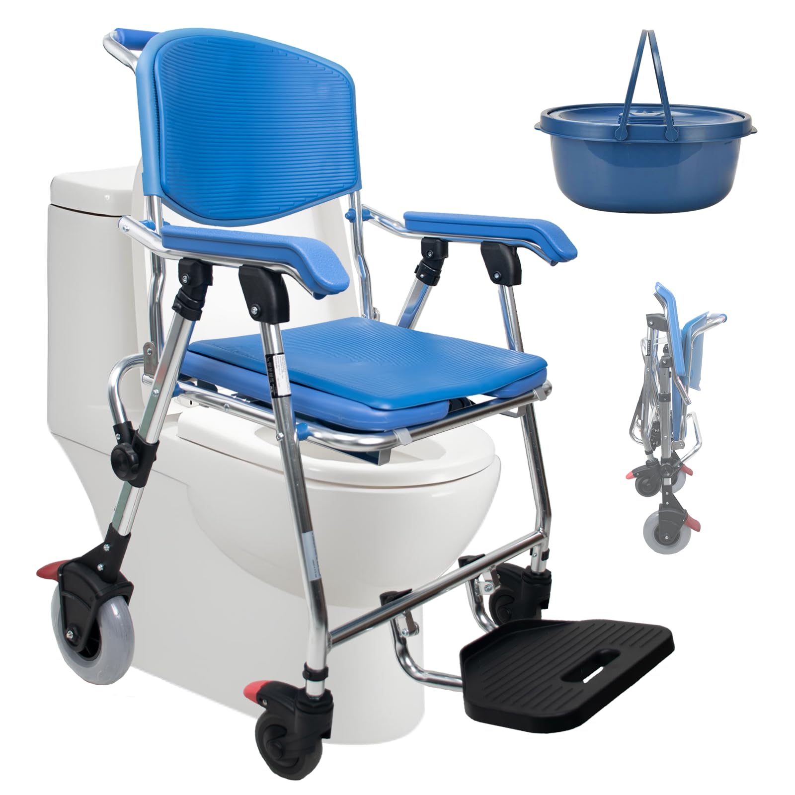 Sedia Comoda WC per Anziani con Rotelle, 3-in-1 Sedia a Rotelle con WC per Anziani Pieghevole, Blu Sedia Doccia Disabili con Ruote, Lega di Alluminio Impermeabile