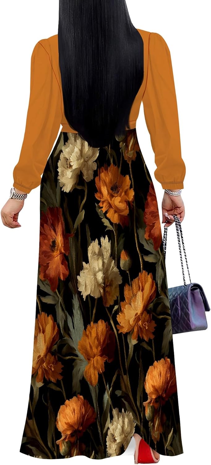 Womens Plus Size Maxi Dresses Casual 3/4 Sleeve Sundress Fall Wedding Guest Dress with Belt - Image 4