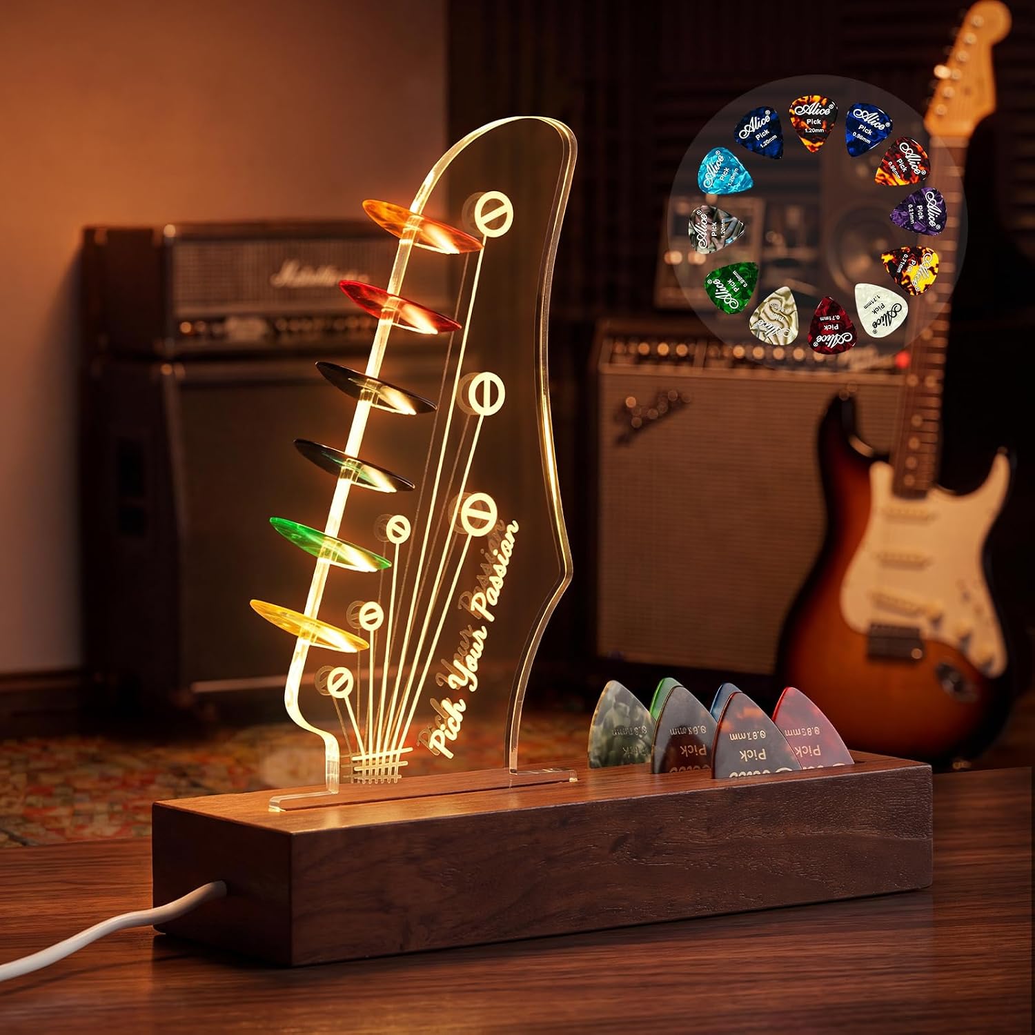 Light Up Guitar Pick Holder with 12 Picks, Guitar Headstock