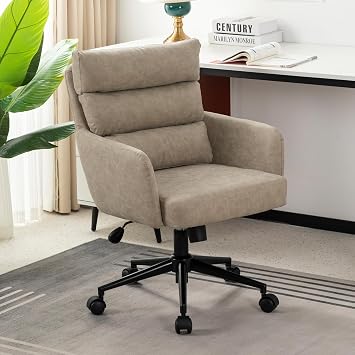 Leather Home Office Desk Chair, Small Comfy Faux Leather Office Chair with Wheels, Modern Adjustable Swivel Desk Chair with Back Support & Black Swivel Base for Home, Bedroom, Study, Beige