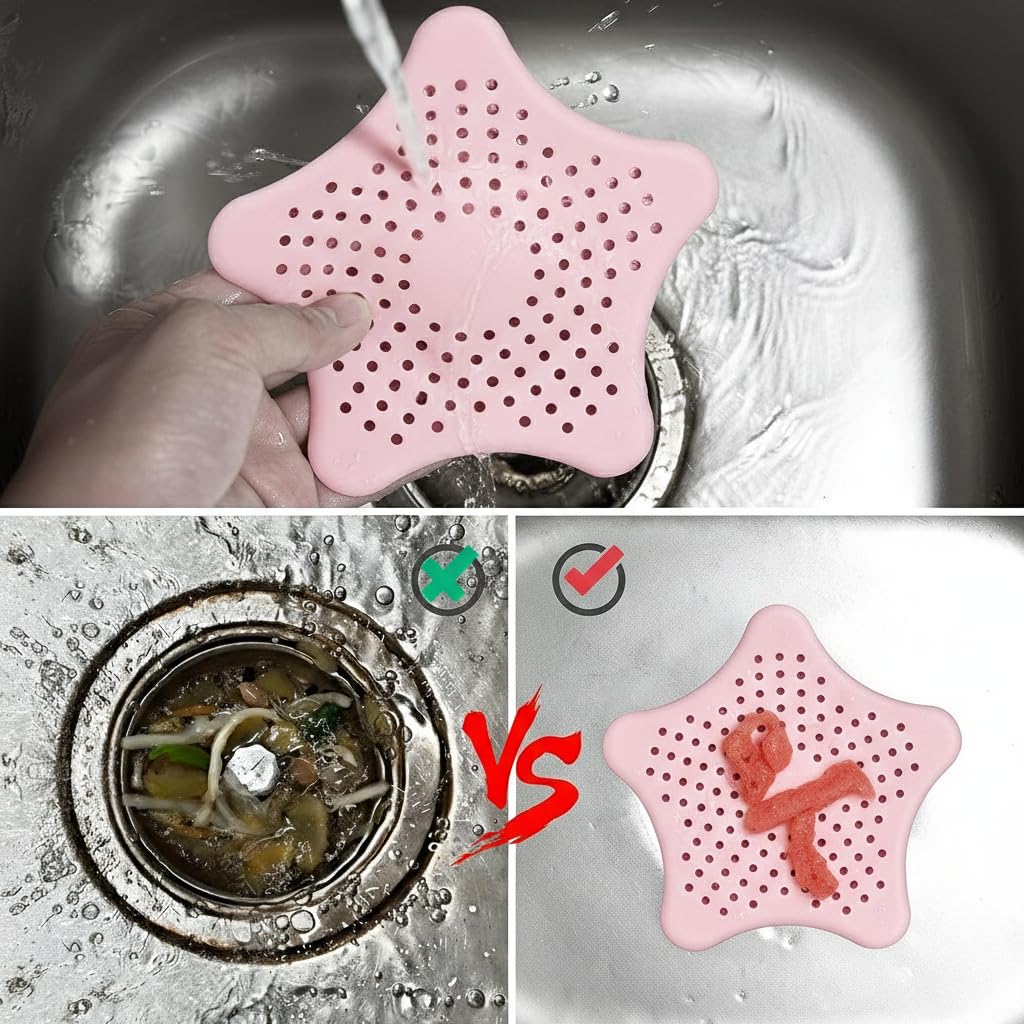 Drain Hair Catcher 3 Pack - Star Shaped Silicone Drain Cover with Strong Suction Cups - Kitchen Bathroom Shower - Prevents Clogs - 5.9 Inch (Pink) - 5