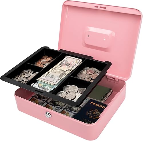 Jssmst Caja de Efectivo Grande con Cerradura de Llave - Caja de Efectivo de Metal Duradera con Bandeja para Dinero, 11.81 x 9.84 x 3.46 pulgadas