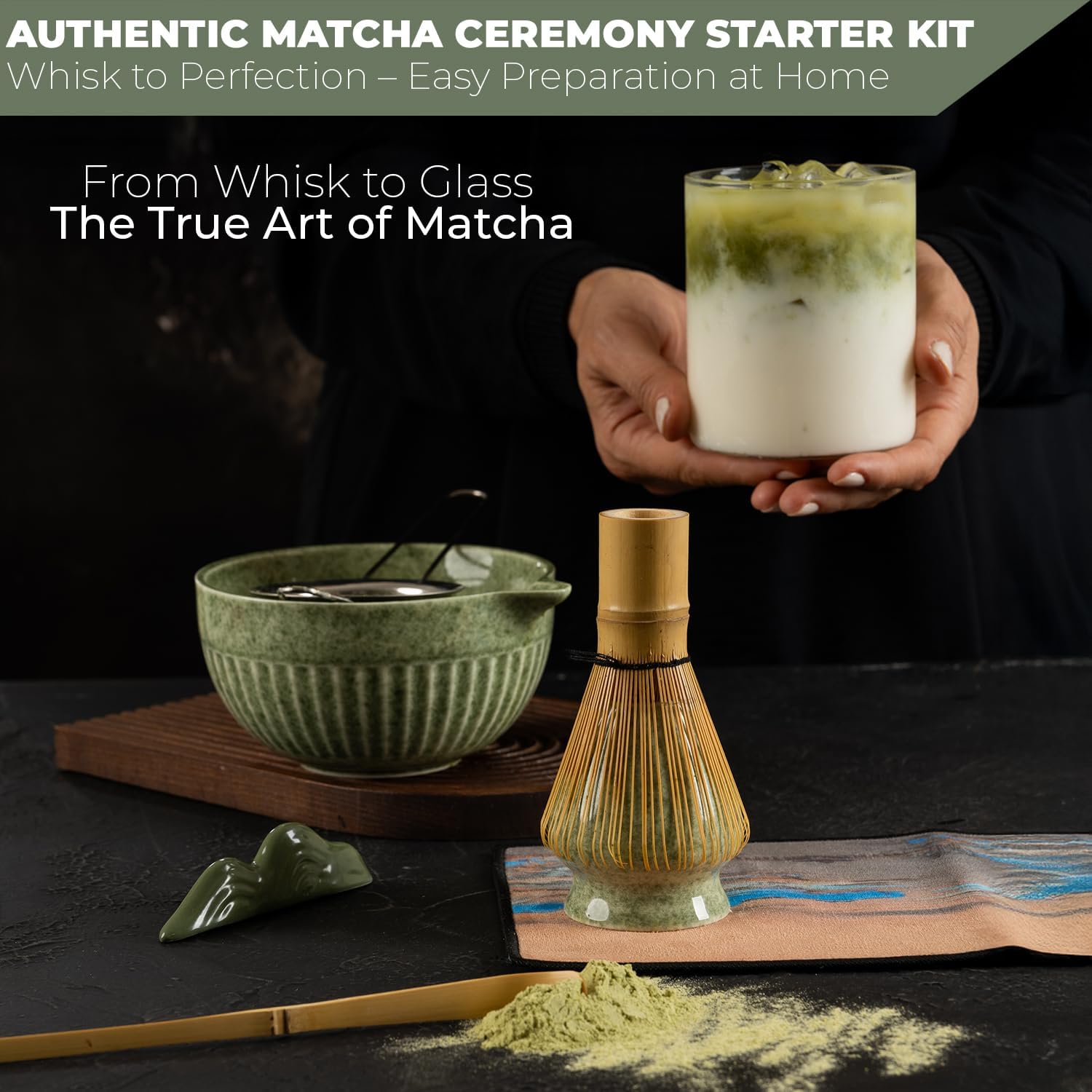 Matcha Whisk Set,7-Piece Japanese Matcha Tea Set with Ceramic Bowl, Whisk Holder, Bamboo Scoop, Sifter-Cloth Mat – Traditional Green Tea Kit for Gifts, Daily Use