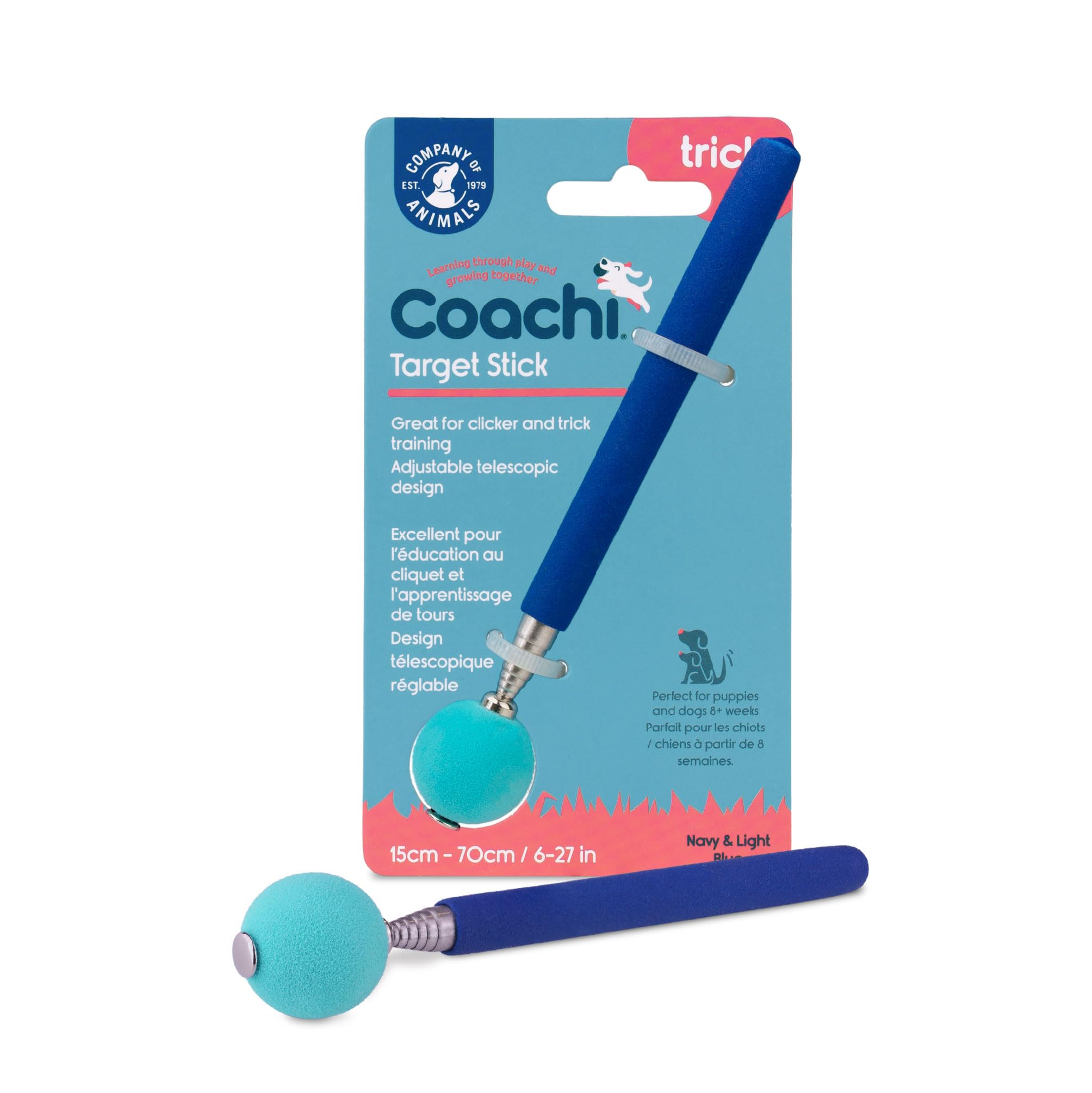 Coachi Target Stick, Diseño telescópico con Pelota Grande, Accesorio con clicker para adiestrar Perros y Mejorar su Agilidad, Enseñar órdenes y Trucos, Apto para Perros y Cachorros