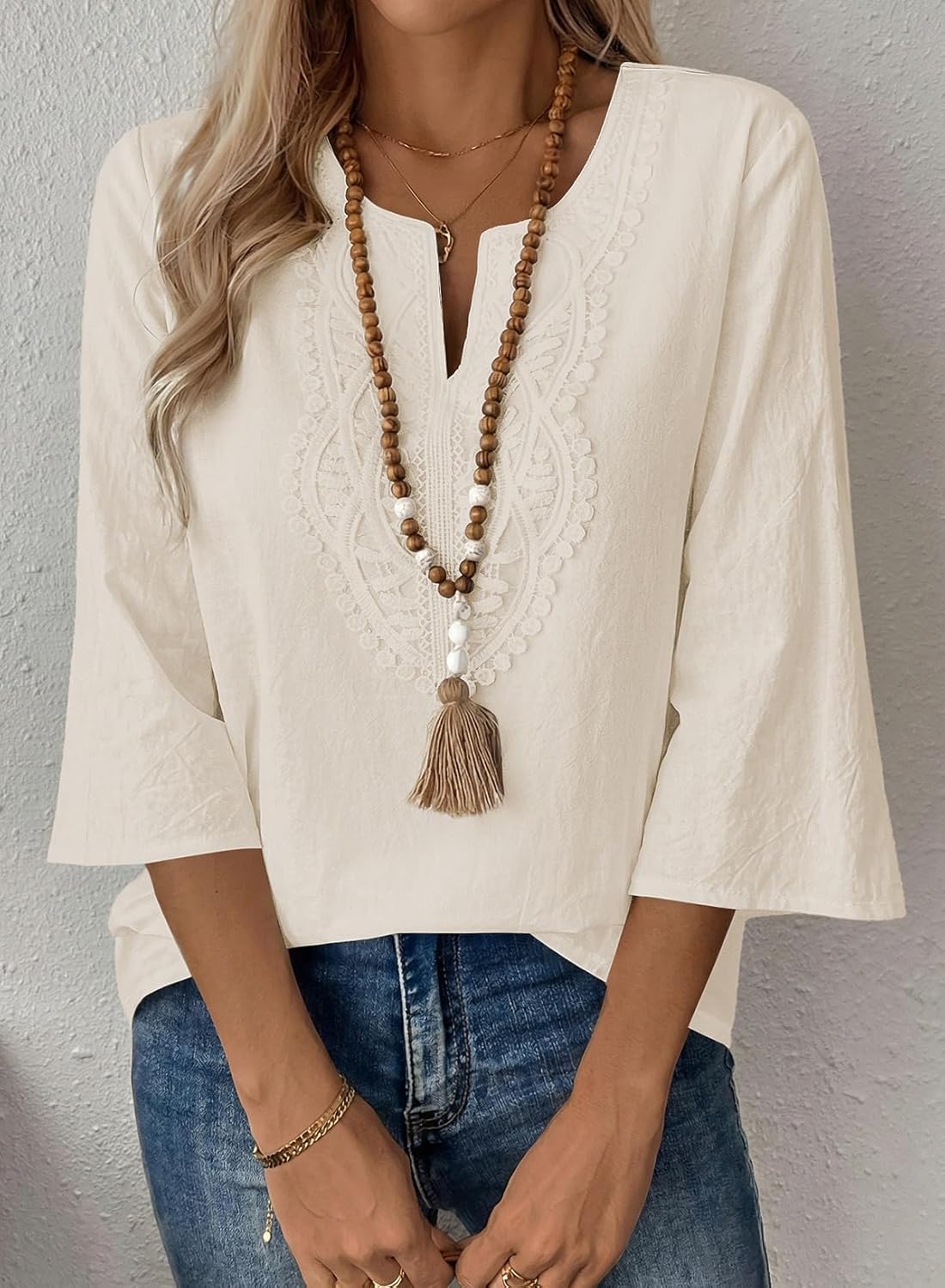 EVALESS Boho Tops for Women Blouses Dressy Casual V Neck 3/4 Sleeve Shirts Spring Outfits Trendy Vacation Clothes - Image 2