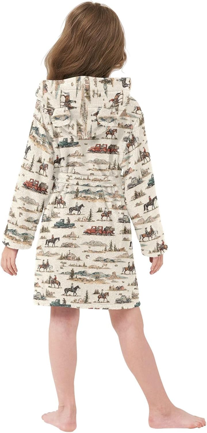 Vintage Western Cowboys Horses and Truck Bathrobe Hooded PJ Robe Soft Fleece Robe Sleepwear 2-12 Years