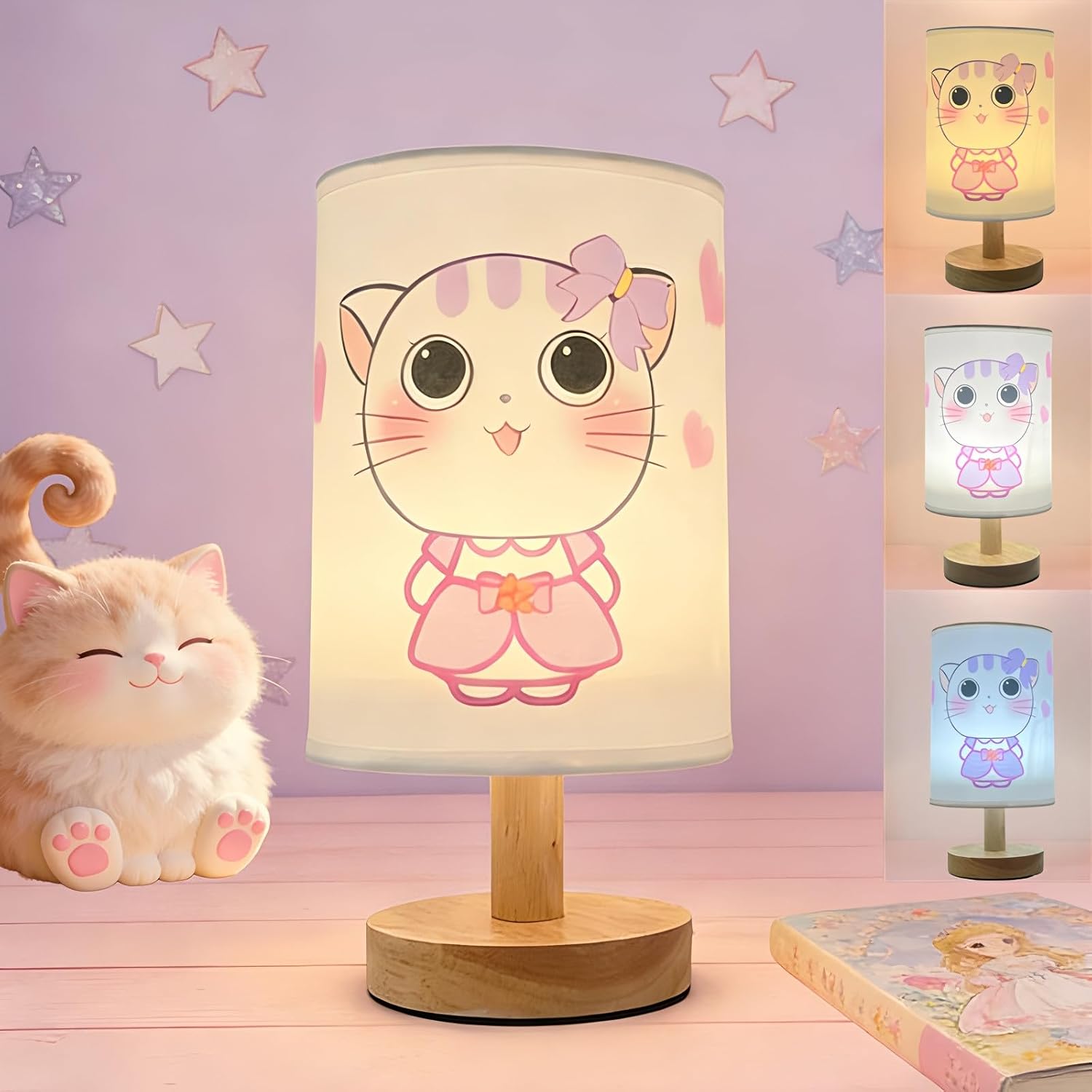 Kitty kids Bedside Table Lamps for Bedroom,Cute Cat Lamp for Girls Room Decor 3 Color Dimmable Cats Night Light with Cartoon Shade Desk Lamp for Girls Boys Cat Lovers Room Nursery Decorative Lights