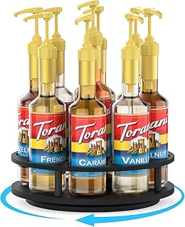 Large Rotating Coffee Syrup Organizer 9 Bottles Syrup Rack for Countertop Wood Syrup Bottle Holder Stand for Coffee Bar Station, Turntable Wine Display Tray, Black