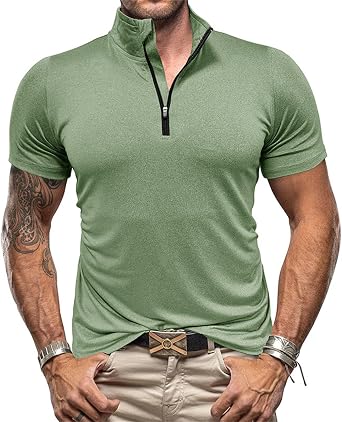 Mens Zipper Polo Shirts Short Sleeve Moisture Wicking Outdoor Golf Shirt Collar Athletic Tennis Quick Dry Summer Tops