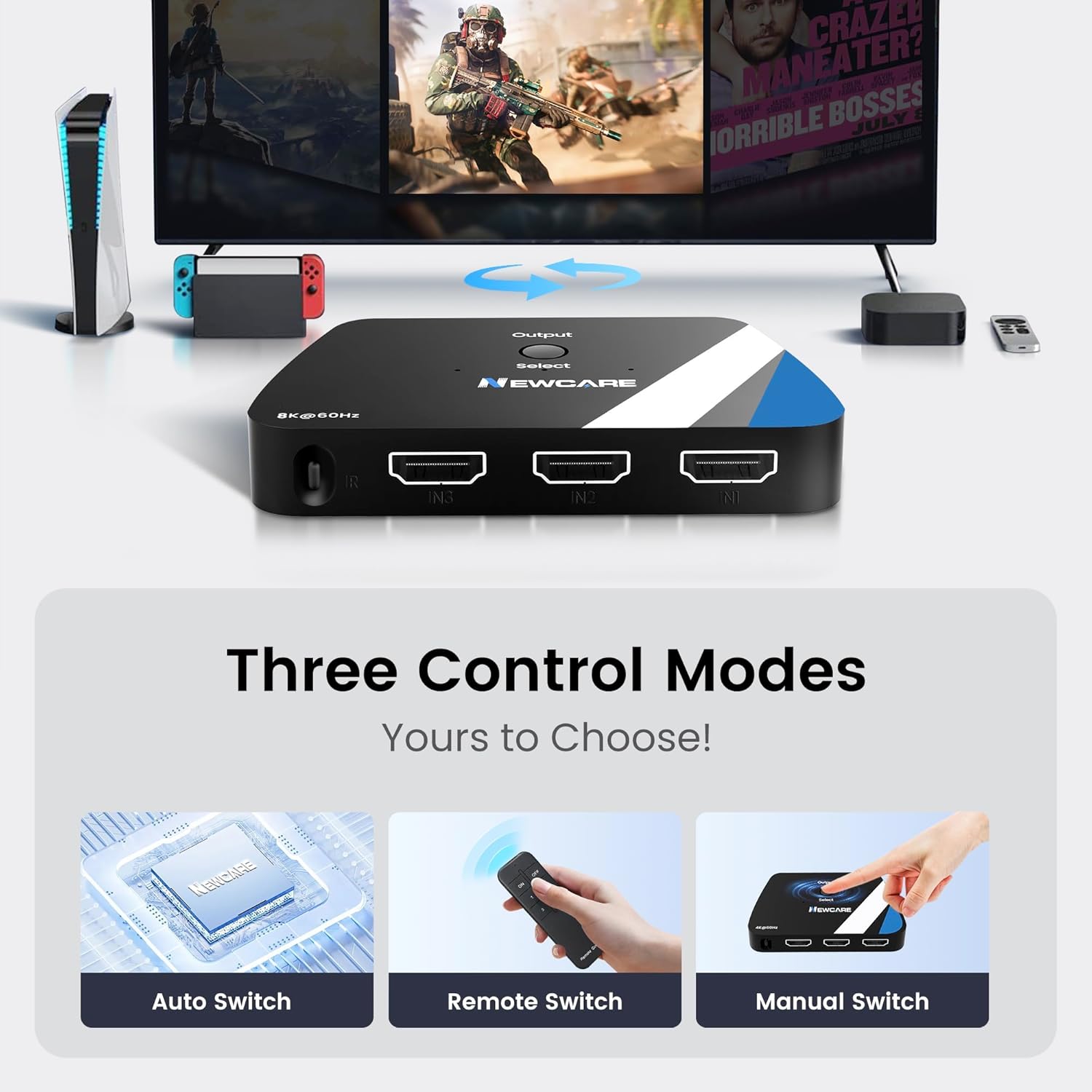 NEWCARE 8K HDMI 2.1 Switch 3 in 1 Out, HDMI Switch with Remote, HDMI Splitter 4K@120Hz Support 8K@60Hz HDCP2.3 HDR10+ VRR ALLM Dolby, HDMI Switcher Compatible with TV PS5/4 Xbox Laptops PC Projector