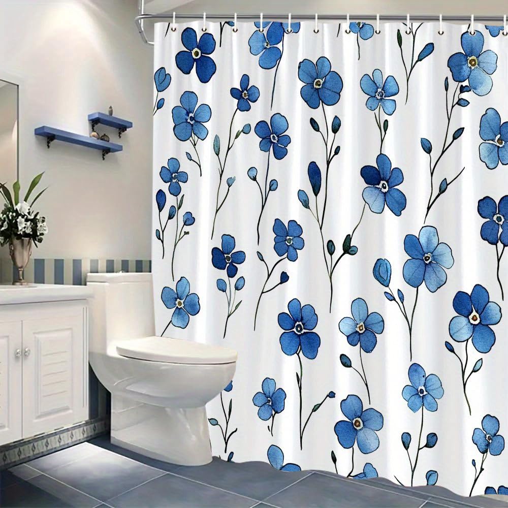 Rideau de douche bleu à motifs floraux aquarelle polyester lavable avec 12 crochets 120x182 cm
