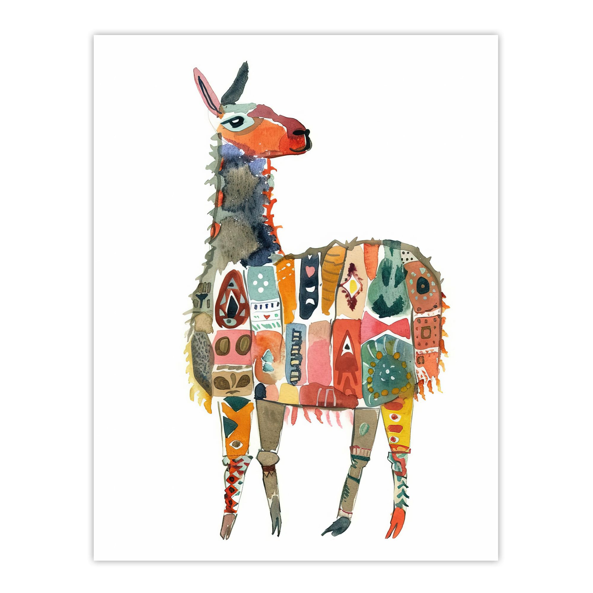 Artery8 Llama With Colourful Folk Patterns Watercolour Living Room Extra Large XL Wall Art Poster Print