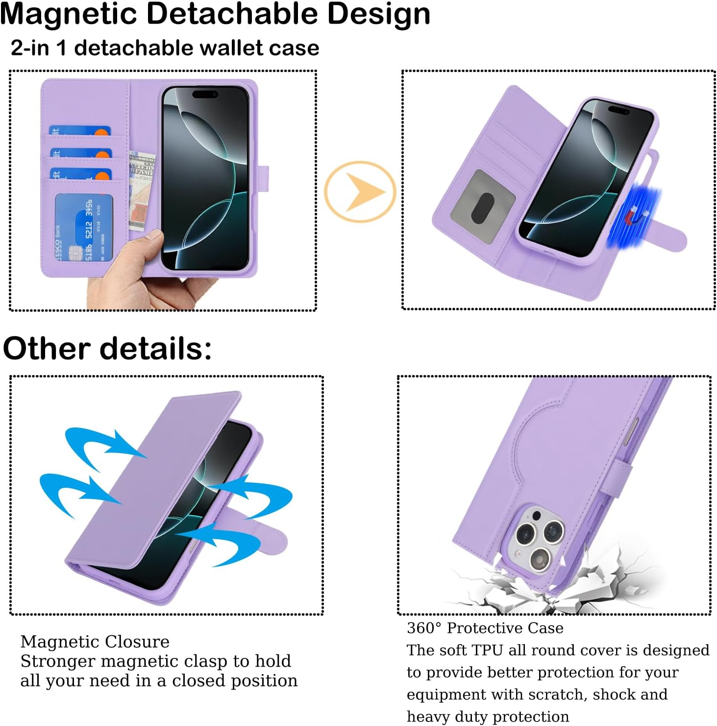 Ｈａｖａｙａ for iPhone 16 Pro Max Case Detachable Wallet Case with Card Holder, 2 in 1 Pu Leather Flip Folio Credit Card Slots Stand Compatible Magsafe Magnetic Shockproof Phone Cover (6.9")-Purple