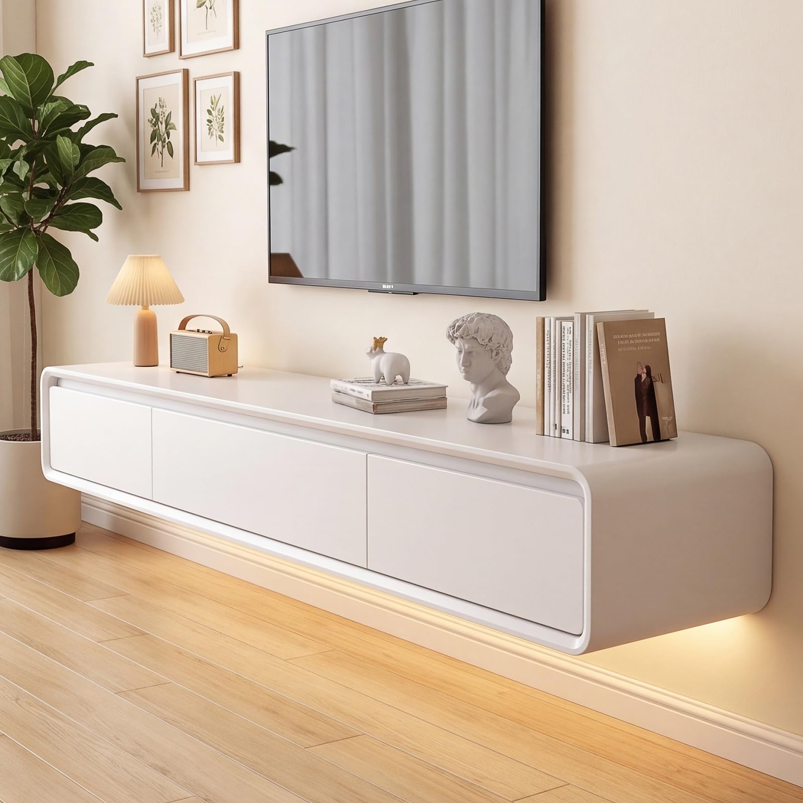 Mueble de TV de Madera Maciza,Mueble de TV Flotante, Mueble Bajo de Pared para TV, Adecuado para el Salón y el Dormitorio,Blanco 240CM-LED