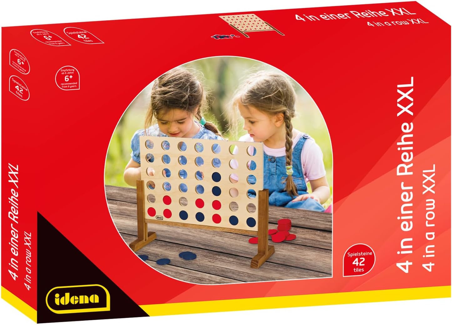 Idena 40378 Wooden Game 4 in a Row XXL, 21 Blue Stones and 21 Red Stones, Size 45 x 56 x 17 cm, for Adults and Children from 6 Years, for Indoor and Outdoor Use, FSC 100%