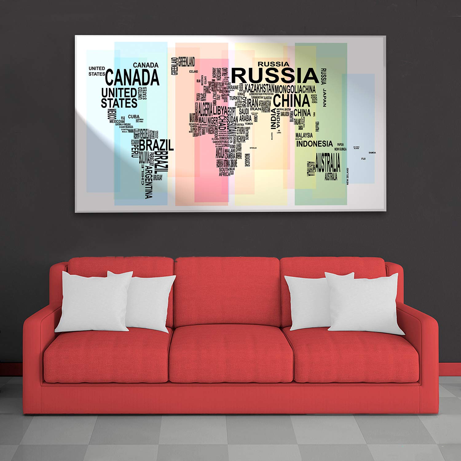 Giallobus - Obraz - Mapa świata słowo z zespołami - Szkło akrylowe - 100x60 - Gotowe do powieszenia - Nowoczesne obrazy do domu