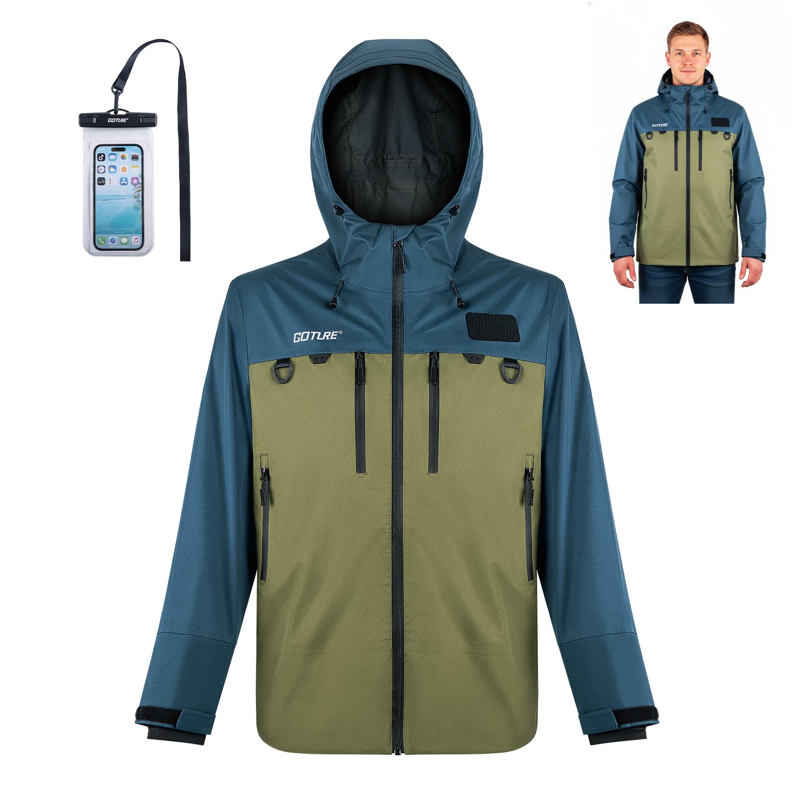 Goture Fliegenfischerweste Fliegenfischen Waten Jacke - Wasserdicht 15.000 mm & Atmungsaktiv mit Brusttaschen, Verstellbarer Kapuze, Handwärmetaschen für Angeln, Jagd, Outdoor Männer und Frauen