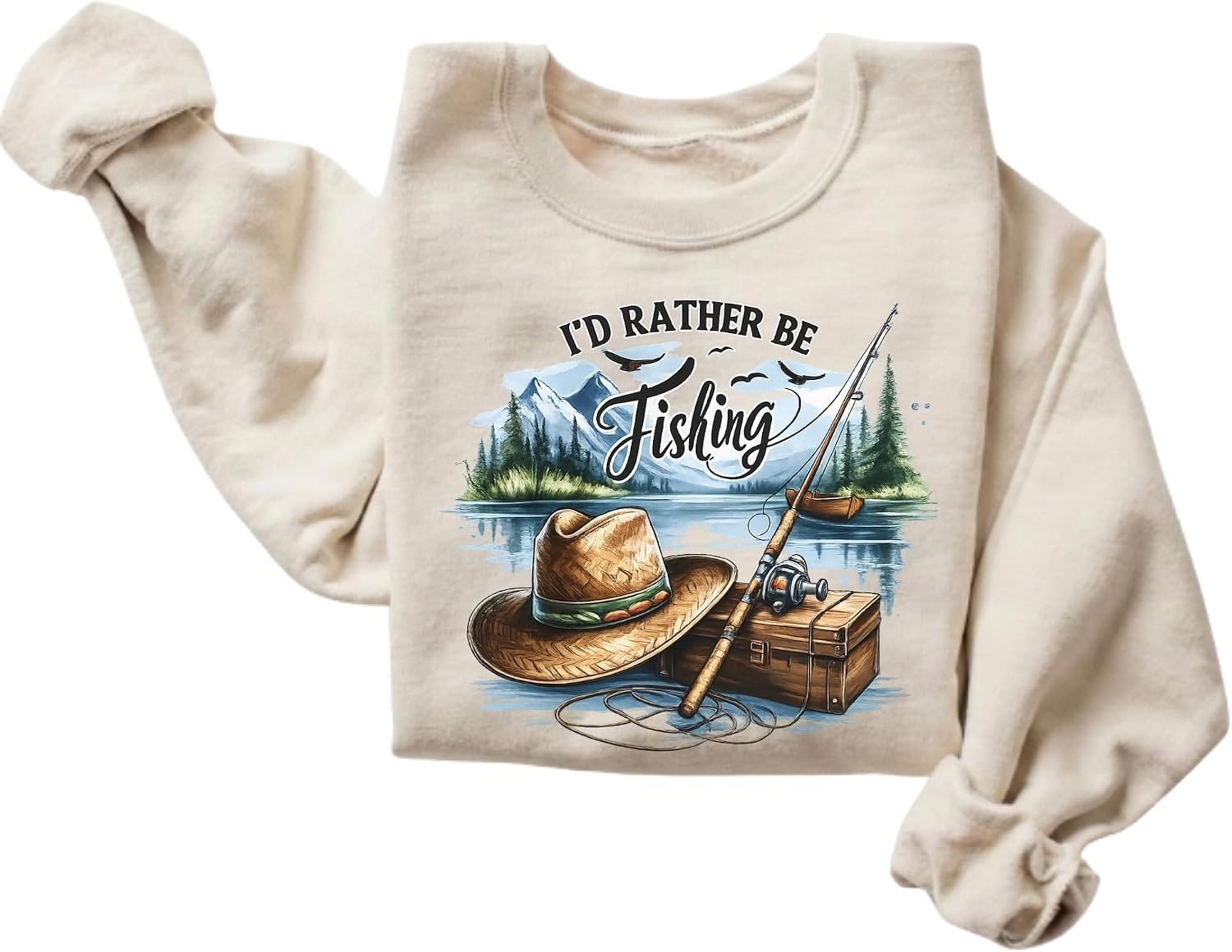 FITIN Unisex I’d Rather Be Fishing Sweatshirt – Vintage Lake Scene Angler Graphic Crewneck
