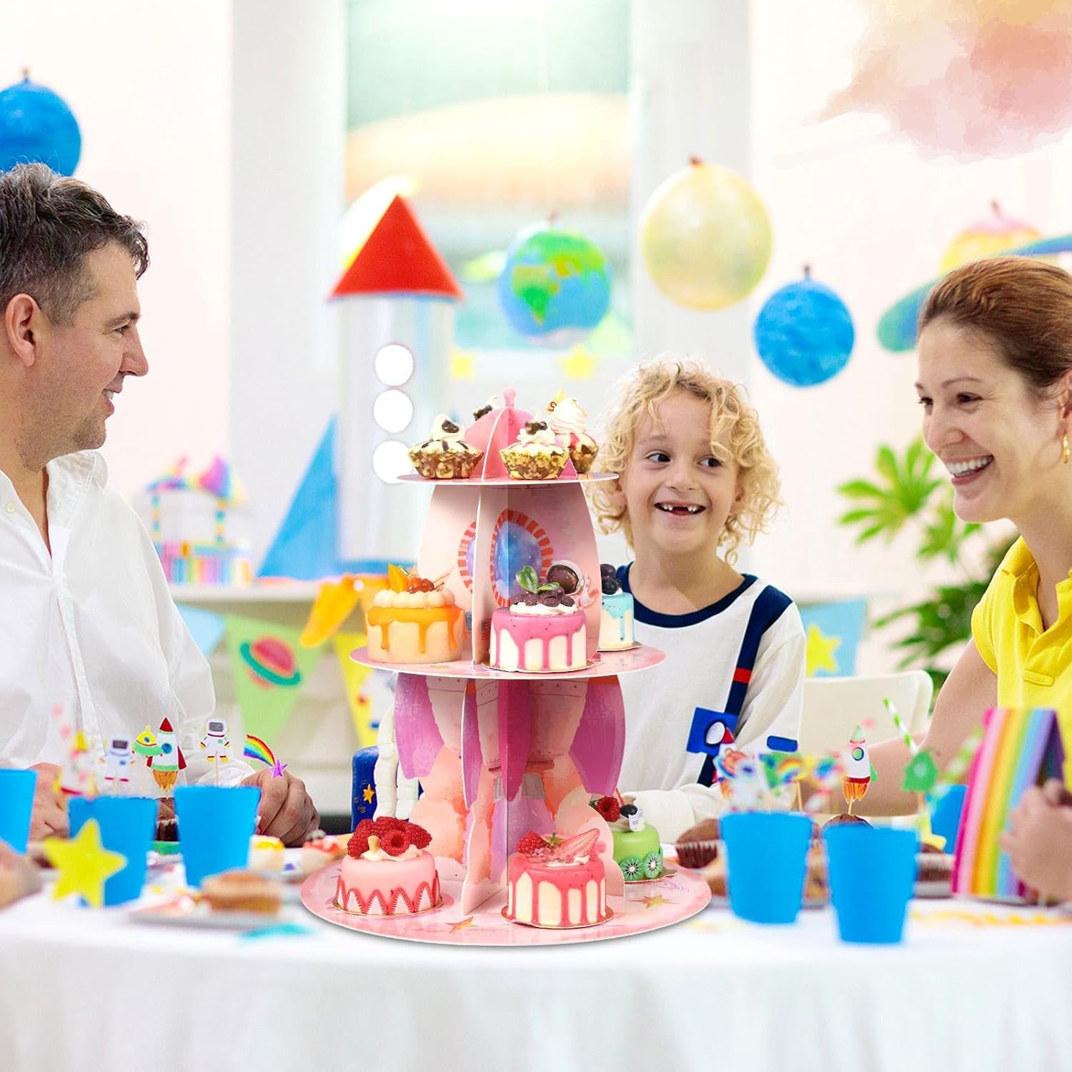 Zopeal Pink Outer Space Party Decoration 3 Tier Astronaut Cupcake Stand