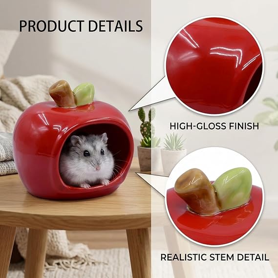 Bucatstate Hamster Cage and Hide, Ceramic Hamster House with Platform for Syrian Hamsters, Small Apple Red Hamster Bed, Durable Hamster Habitat with Multiple Hiding Spaces, Easy to Clean Ceramic Hamst