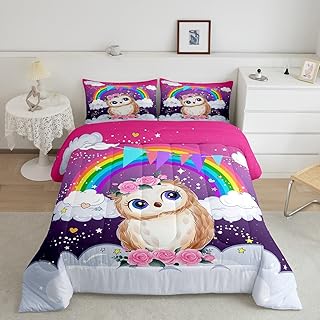 Erosebridal Rainbow Comforter Set Full,Cartoon Animal Owl Bedding for Kids Girls,Glitter Galaxy Clouds Stars Bedding Comforter Sets,Watercolor Dreamy Artwork Duvet Insert with 2 Pillowcases