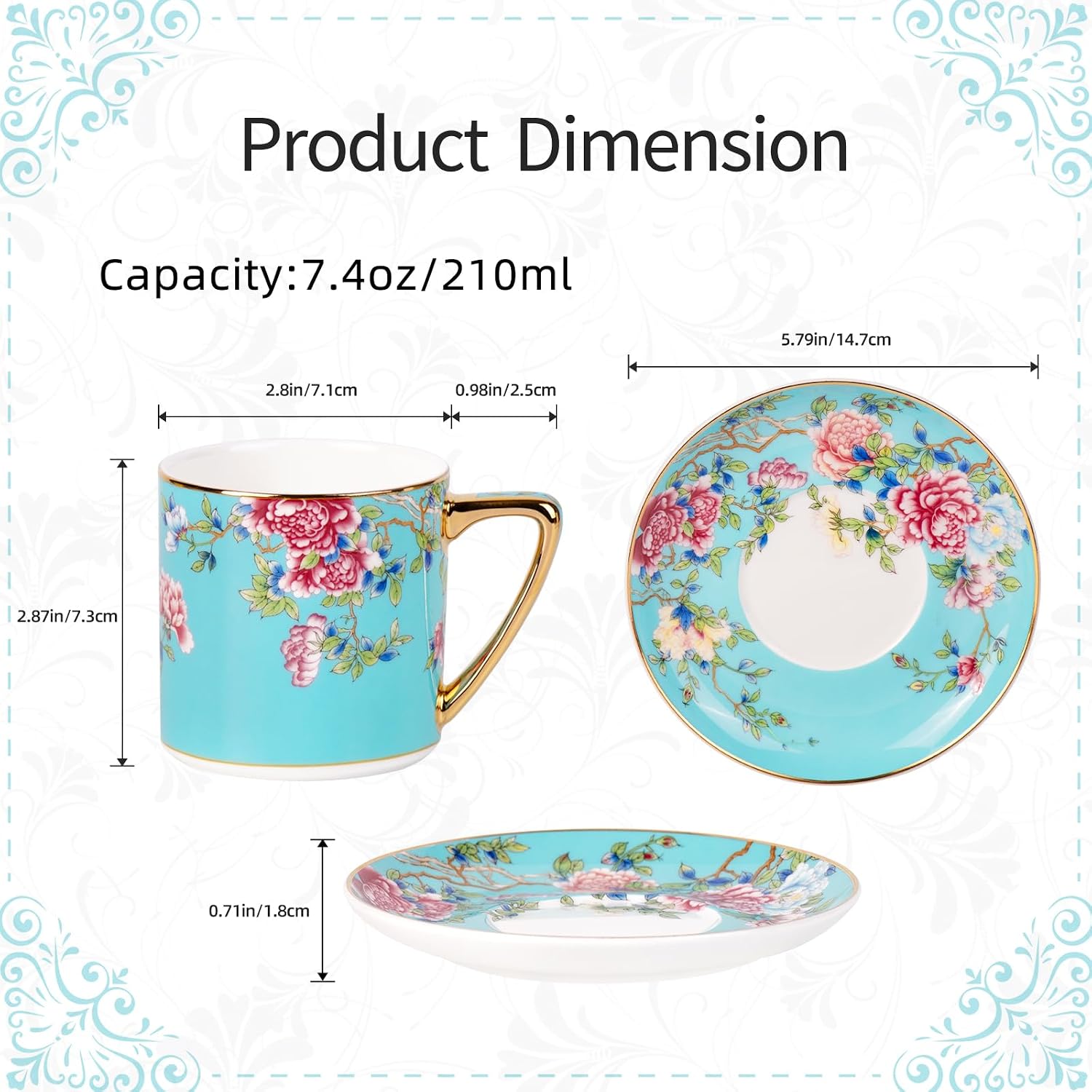 KAMMAK Tea Cup and Saucer, Ceramic Coffee Cups, 7.5 oz, Set of 2