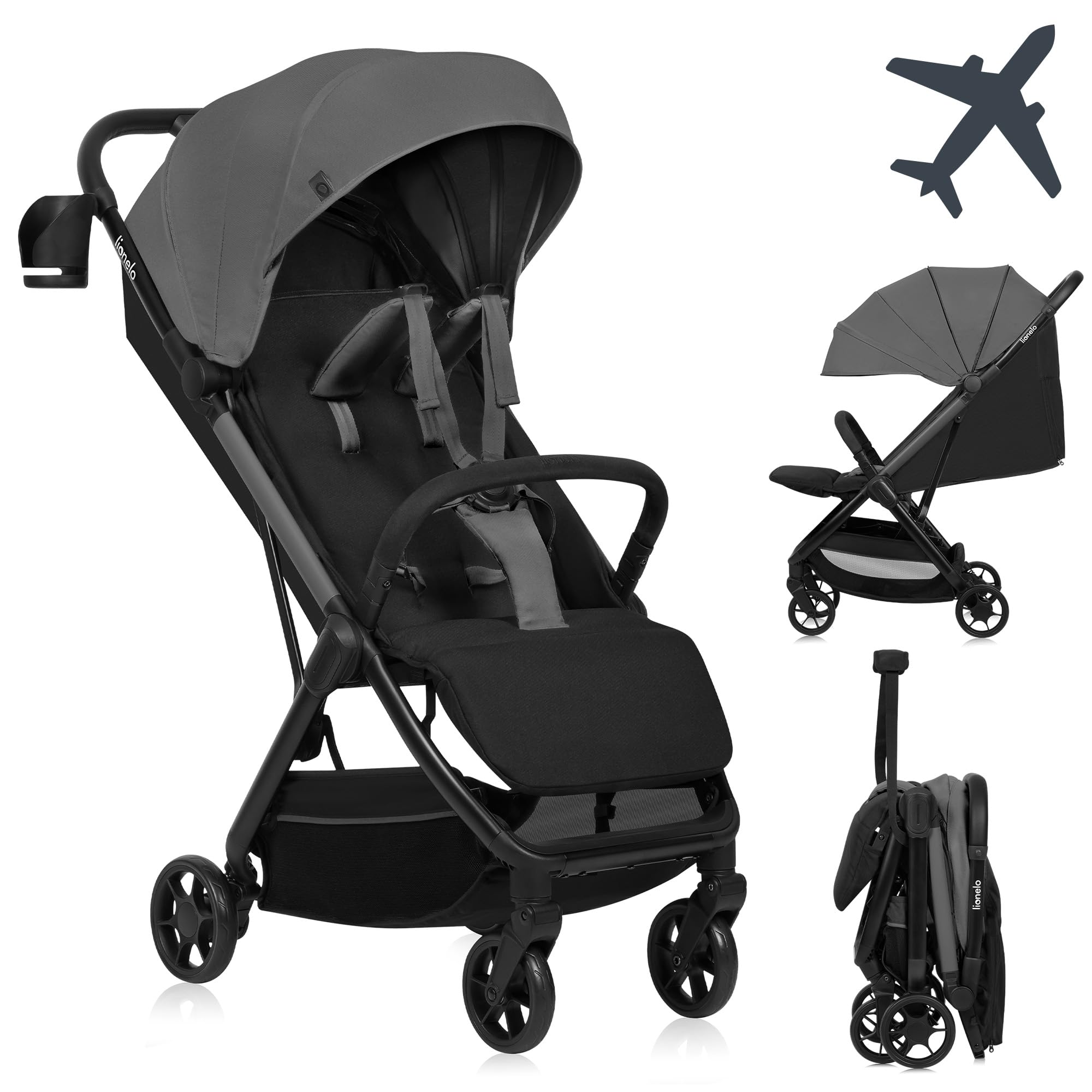 LIONELO Julie Air Poussette Canne jusqu'à 22 kg de 6 m à 4 ans Pour Avion Roues pivotantes à 360 ° Suspension Pliage avec Une Main Réglage du Dossier Canopy UPF50+, Légère (Grey)