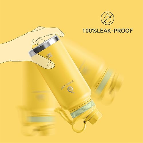 Miniatura 4 de IDEUS Botella de agua aislada de acero inoxidable con 2 tapas a prueba de fugas, termo para senderismo, ciclismo, 32 onzas, amarillo brillante