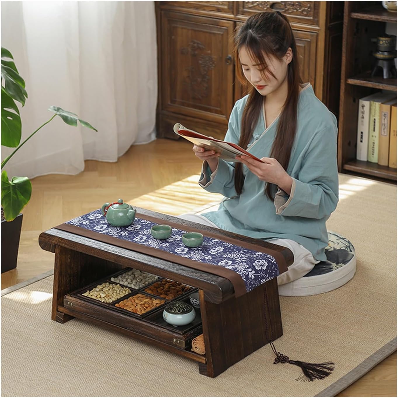 Paulownia Floor Tables Low Table for Sitting on The Floor - Small Coffee Table Accent Furniture - Meditation and Tea Altar - Folding Tatami (Color : Dark Brown, Size : 80 * 40 * 33cm)